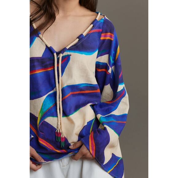 Farm Rio Long-Sleeve Rope-Tie Linen Blouse - Picture 2 of 4